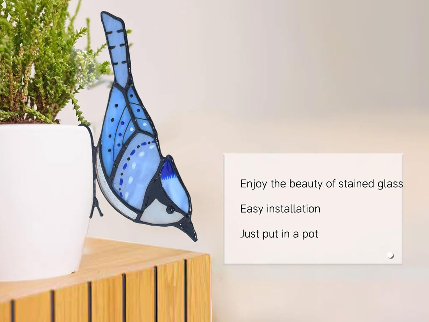 Lolitarcrafts Blue Jay Stained Glass Suncatcher for Pot Plant Decoration - Unique Planter Decor, Home Office Plant Decoration