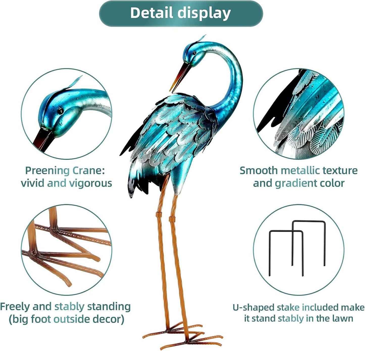 chisheen Crane Garden Statues, Metal Garden Crane Outdoor, Blue Heron Sculpture Metal Yard Art, Large Heron Decoy, Bird Statues, Lawn Ornaments for Backyard Pond Patio Porch Outside Decorations