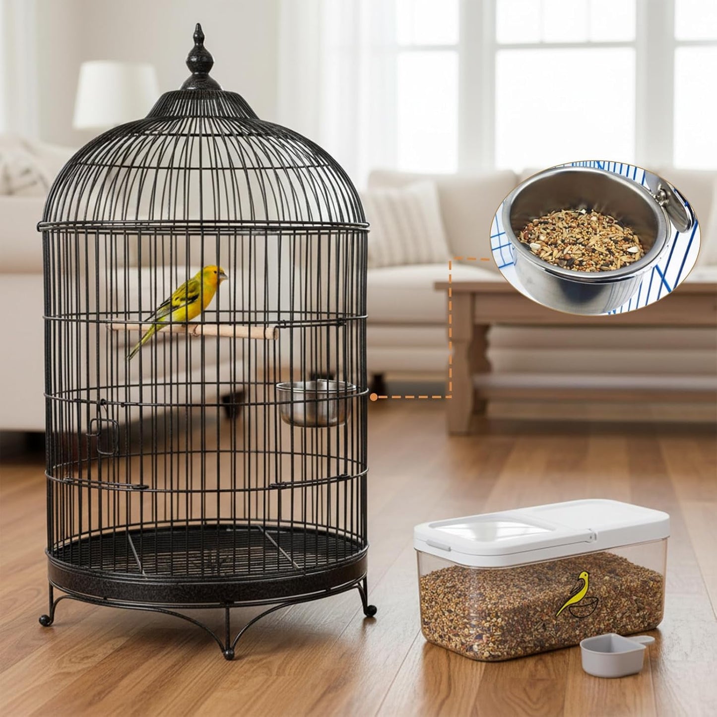Bird Seed Storage Container, 5.4 Qt/6 L Pet Food Container with Measuring Cup & Stainless Steel Bird Feeder Bowl, Airtight Wild Birds Seed Dispenser, Plastic BPA Free, Clear