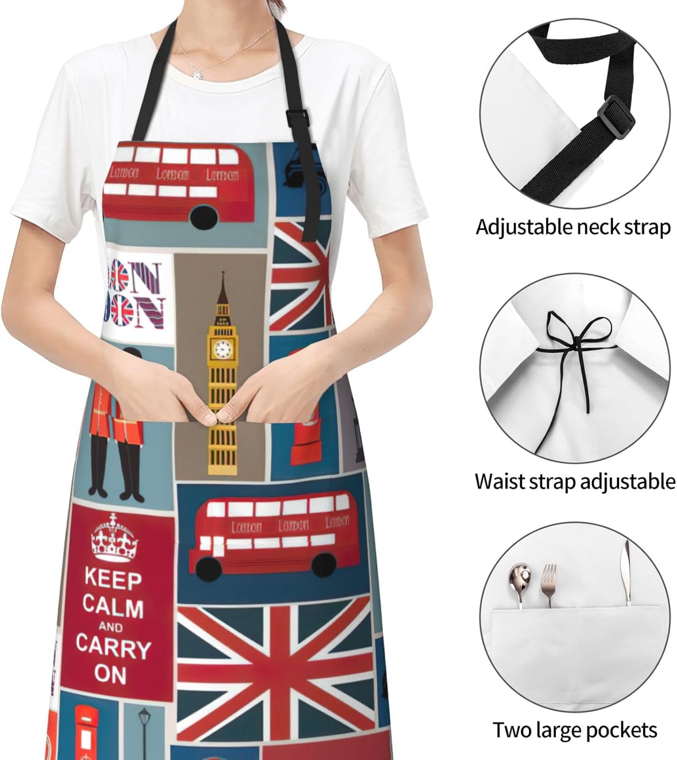 England Symbols Print 28x33 In Adult Kitchen Apron with Pockets Versatile Chef Smock for Cooking Baking
