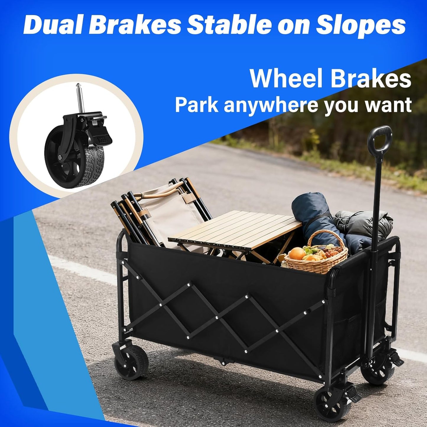 Large Folding Wagon Cart Heavy Duty, Collapsible Utility Wagon with Large Capacity and Adjustable Handle, Portable Outdoor Wagon for Camping, Sports, Beach, Gardening, Shopping and Tailgate
