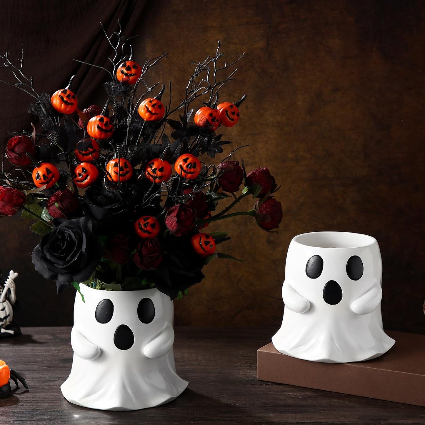 2 Pcs Ghost Bucket Decor 6 Inch Halloween Ghost Planter Vase Decor with Cute Design Candy Bucket Candy Bowl for Halloween Indoor Outdoor Home Display Stand Decoration