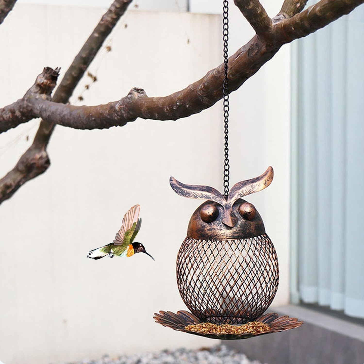 Metal Bird Feeder 6 Inch Owl-Shaped Hanging Bird Feeder with Hollow Ou