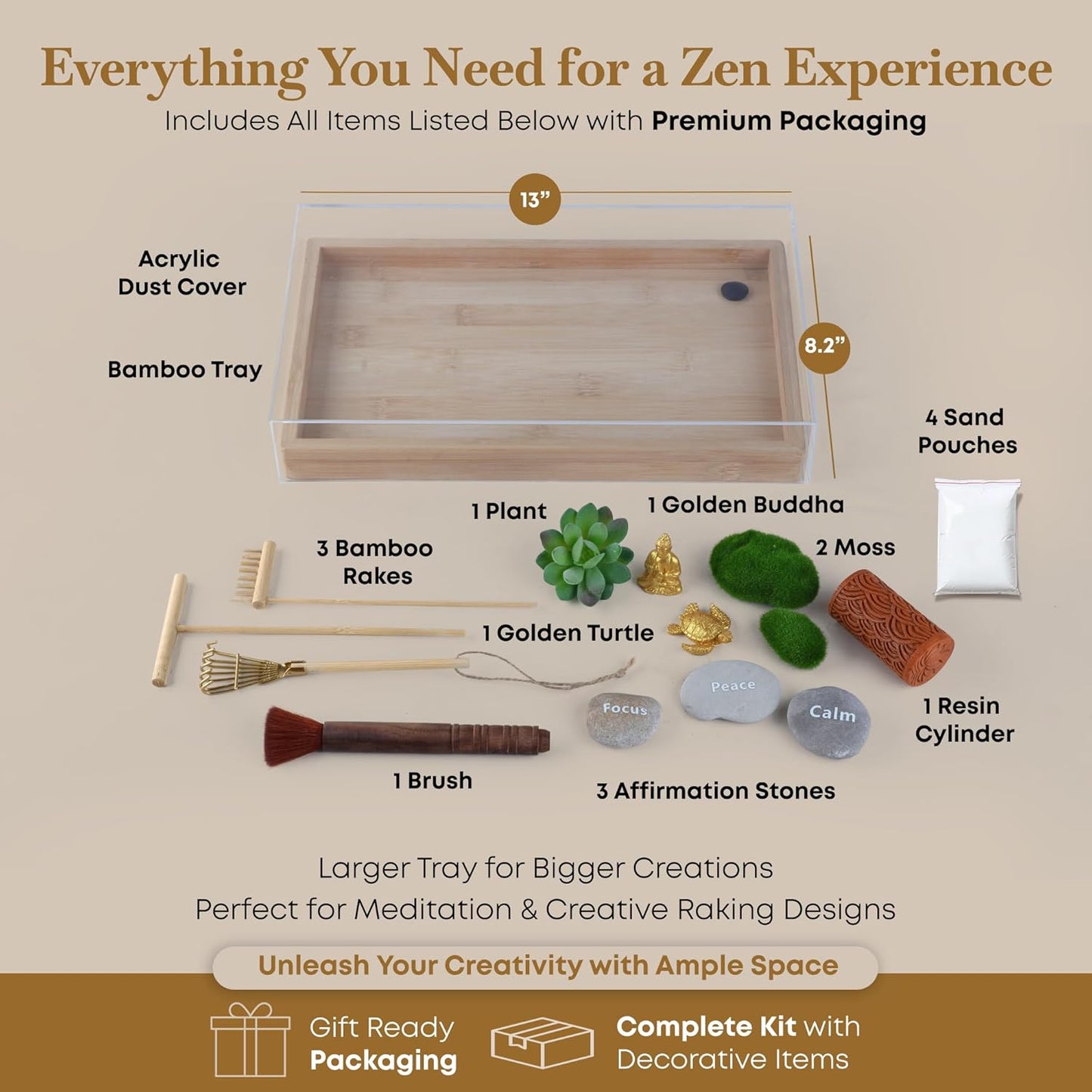 Zen Garden Kit 13" x 8.2" x 2" – Large Zen Sand Garden for Desk with Bamboo Tray, Includes 15 Accessories & 6 Tools, Japanese Sand Tray Decor for Home, Office, Meditation and Relaxation