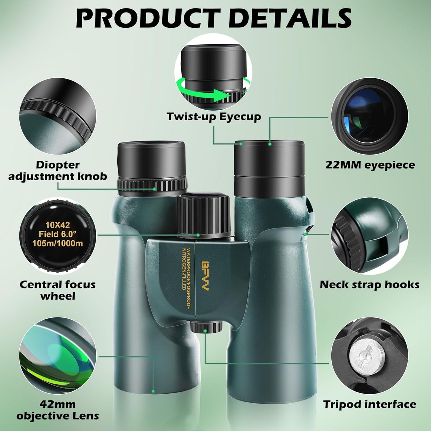10x42 Binoculars for Adults High Powered, IP67 Waterproof Fogproof Com