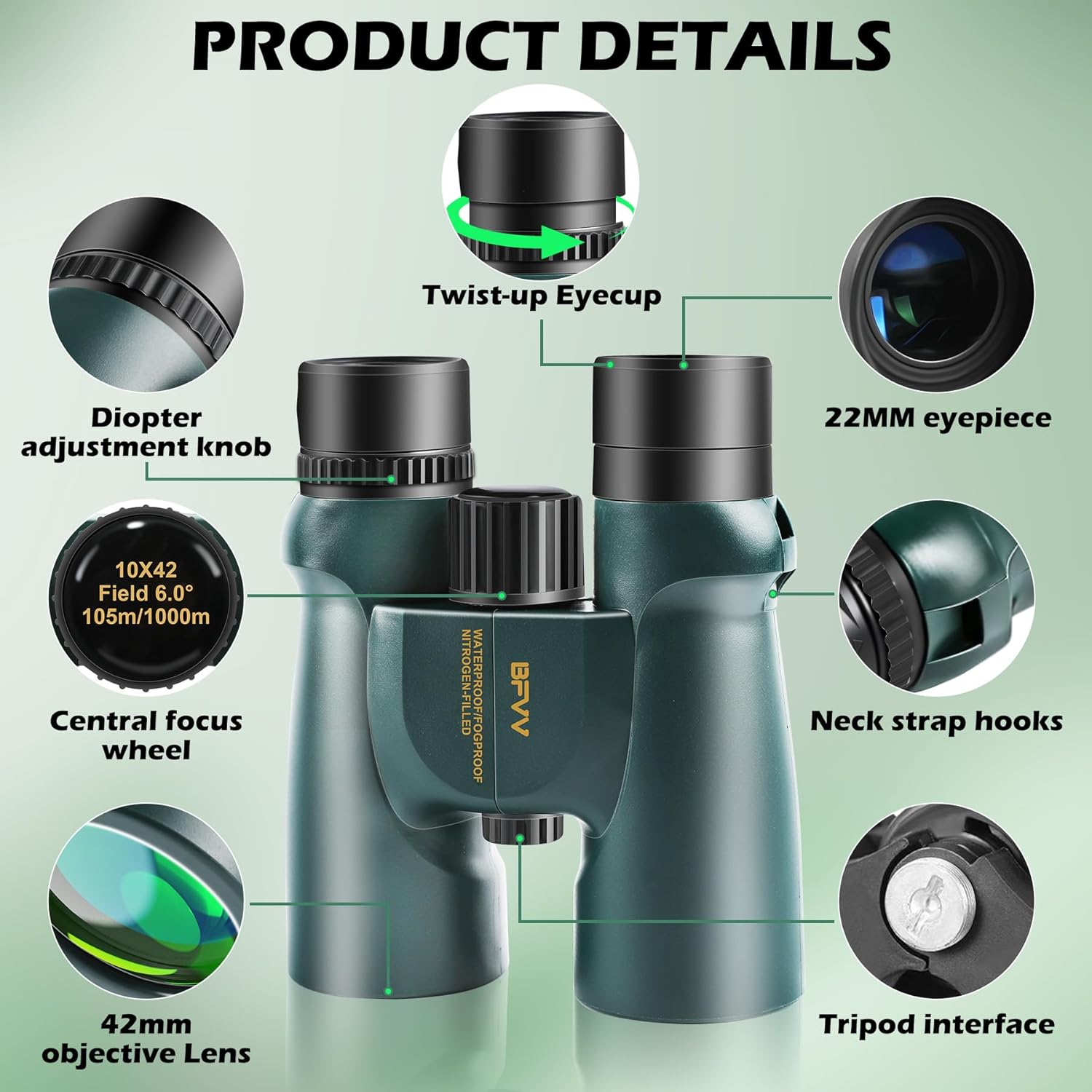 10x42 Binoculars for Adults High Powered, IP67 Waterproof Fogproof Com