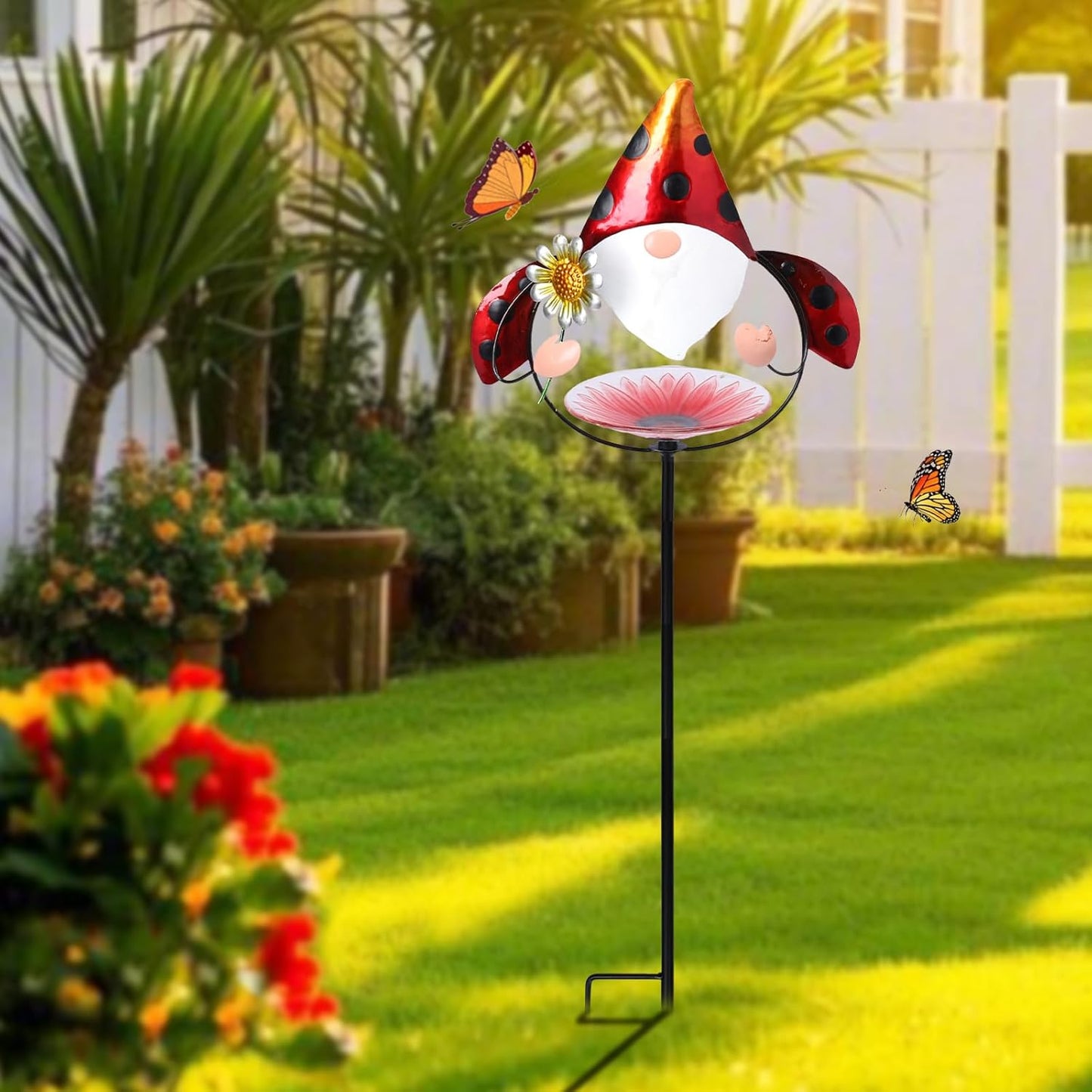 MUMTOP Glass Bird Baths for Outdoors, 32 Inch Height Small Garden Gnome Birdbath Bird Feeders Unique Metal Ladybug Gnomes Decorative for Outdoor Outside Yard Lawn, Red