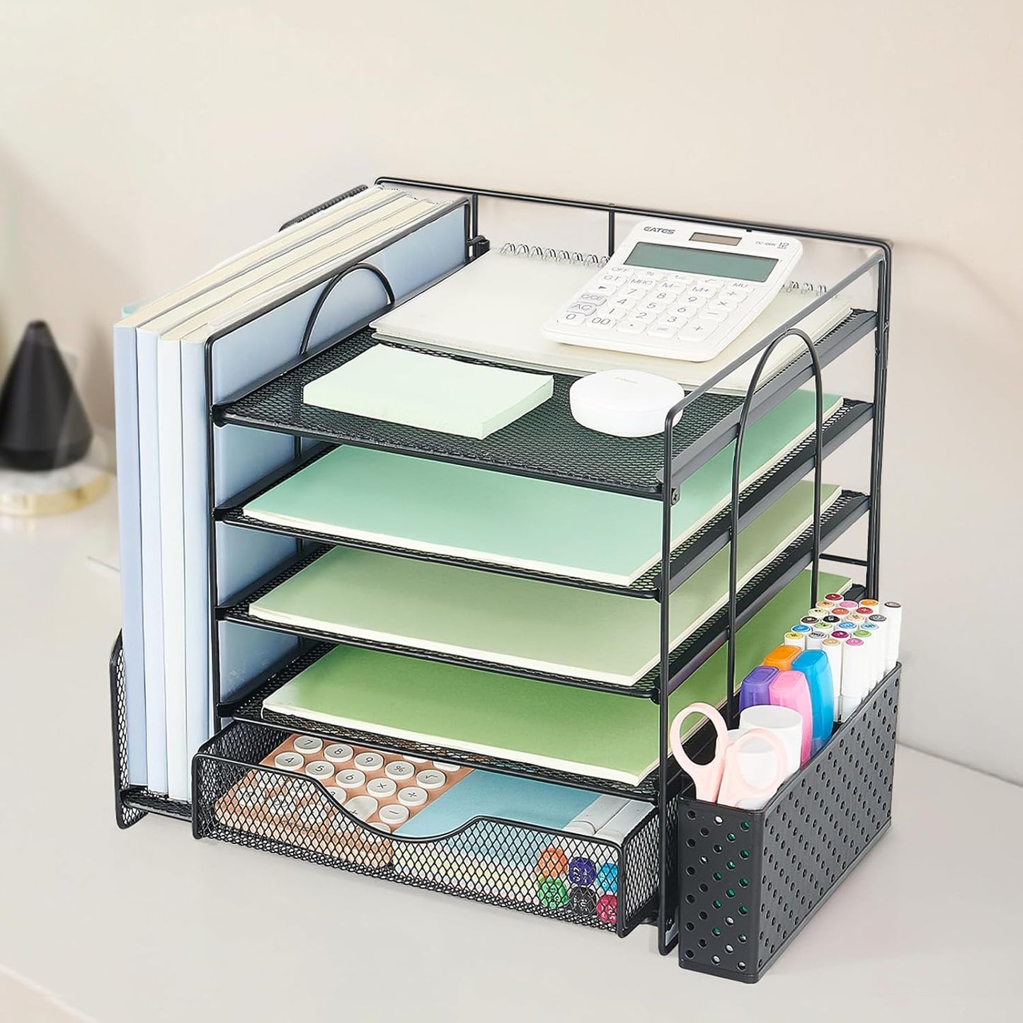 Desk Organizer with Drawer and Pen Holder, 5-Tier Paper Letter Tray Or