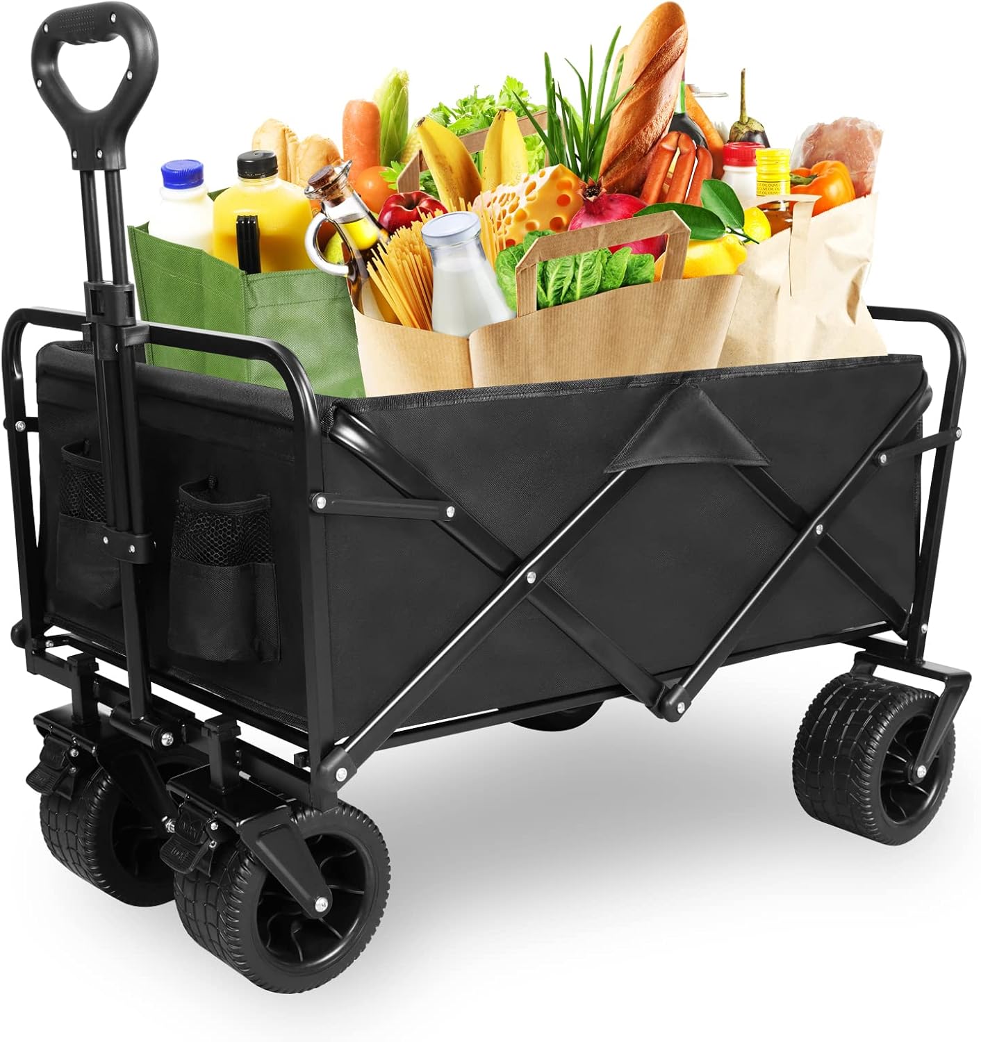Folding Wagon Carts With Adjustable Handle/collapsible Beach Wagon with Big Wheels for Sand, 220lbs Capacity, Black,TRP1008