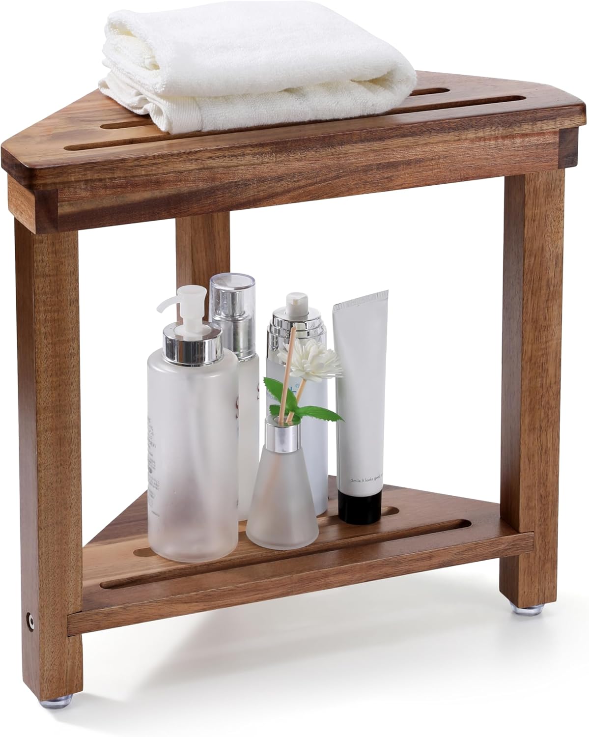 Shower Foot Rest 14in, Acacia Wood Shower Stool for Shaving Legs, Waterproof Corner Shower Stool with Storage Shelf for Inside Small Shower Spaces, Wood Color