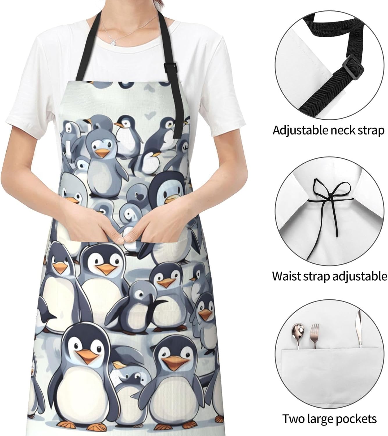 Cute Baby Penguins Sketch print Waterproof apron with pocket adjustable cooking apron for adult kitchen bibs to bake