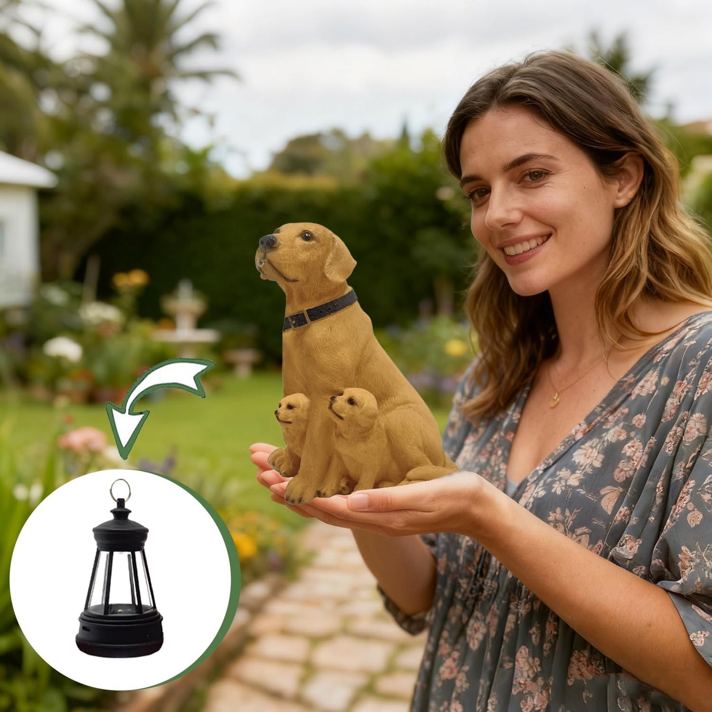 Garden Dog Statues with Solar Lantern, Outdoor Resin Figurine Solar Lights for Yard, Balcony & Porch Decor, Labrador Family Decoration Art Sculpture, Housewarming Garden Gift.(Labrador Family)
