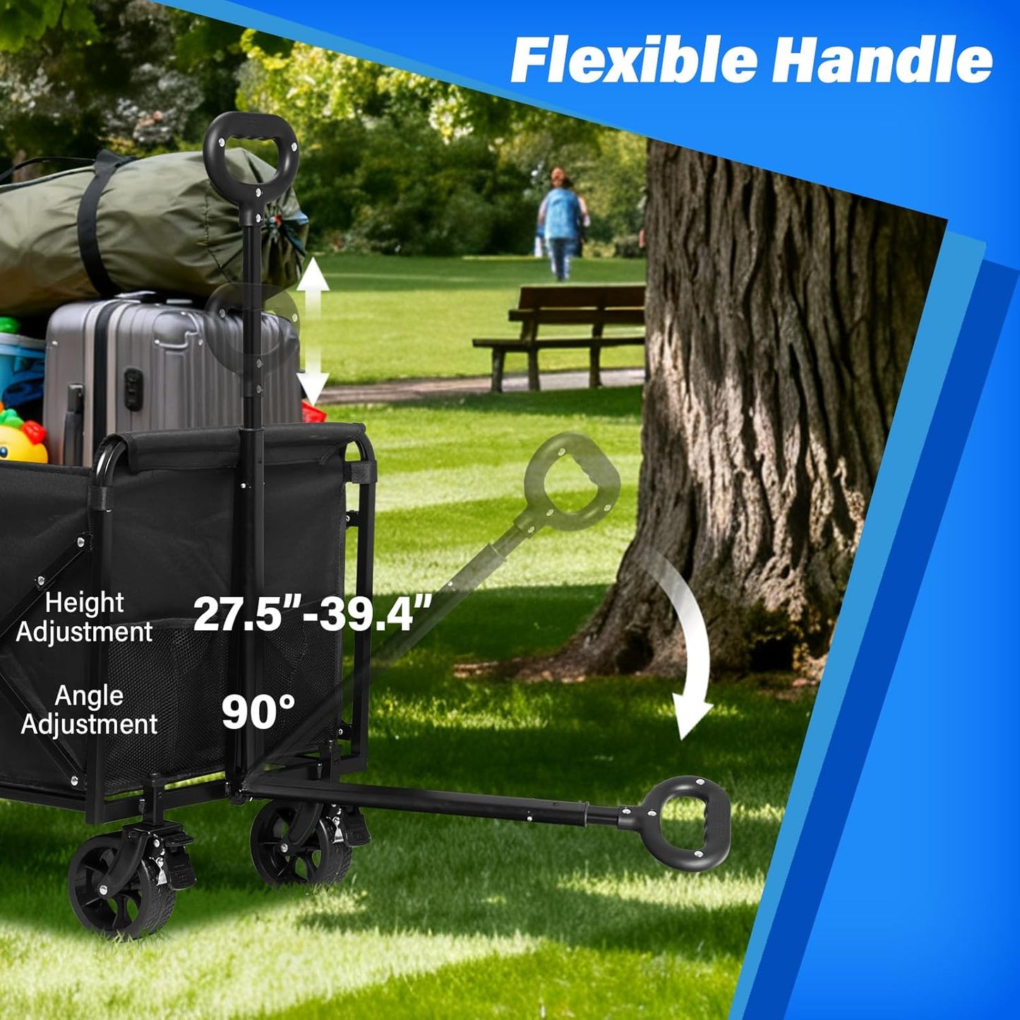 Large Folding Wagon Cart Heavy Duty, Collapsible Utility Wagon with Large Capacity and Adjustable Handle, Portable Outdoor Wagon for Camping, Sports, Beach, Gardening, Shopping and Tailgate