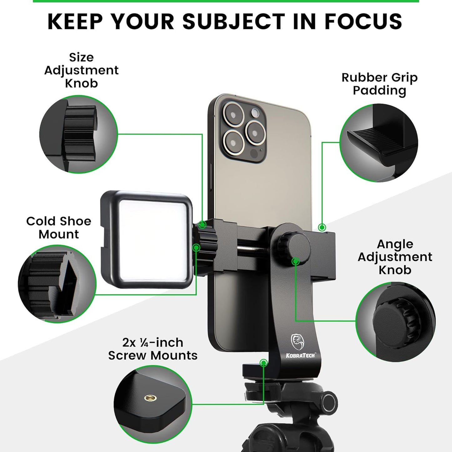 KobraTech iPhone Tripod Mount Adapter - Fits Any Smartphone - Includes Bluetooth Remote Shutter - UniMount 360 Universal Phone Holder for Tripod