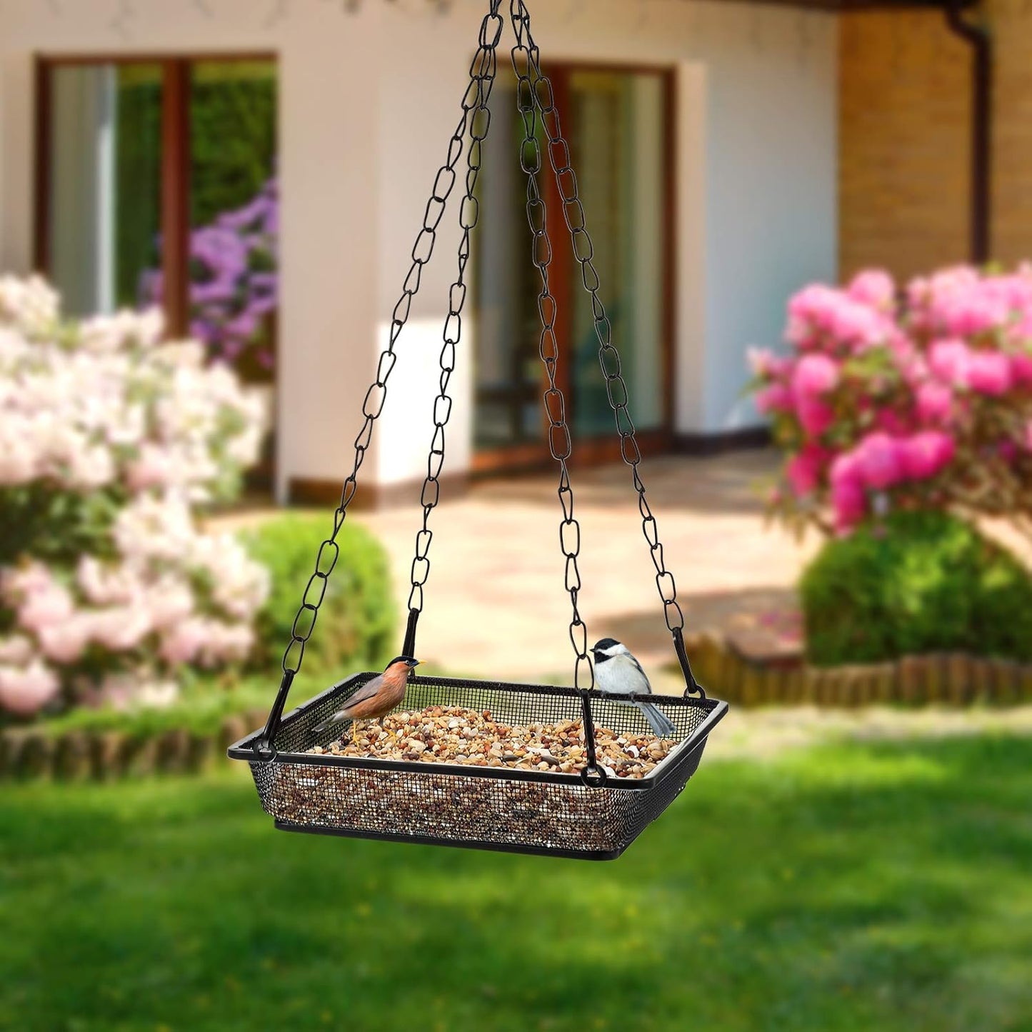 2 Pieces Metal Hanging Bird Feeder Tray, Mesh Bird Feeding Seed Tray Platform with Chains Outdoor Garden Decoration for Hanging Wild Backyard(Black)