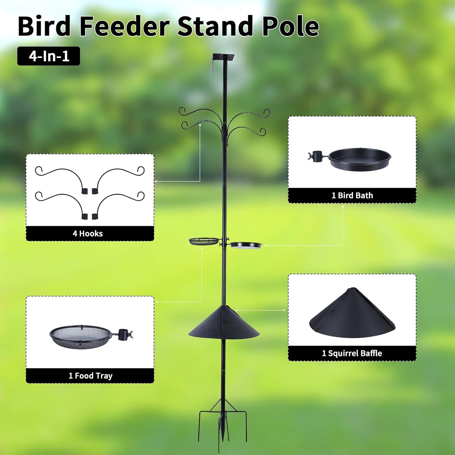 Bird Feeder Pole 4-in-1 with Squirrel Baffle, Metal Bird Feeders for Outdoors with Pole, Bath, Food Tray, 4 Hooks and Holds Cage 92 Inch