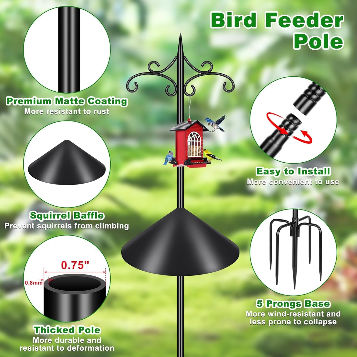 Heavy Duty Double Shepherd Hooks Squirrel Proof for Outdoor with 5-Prong Base, 88inch Adjustable Decorative Metal Bird Feeder Pole with Baffle for Hanging Bird Nests, Plant Baskets,1 Pack