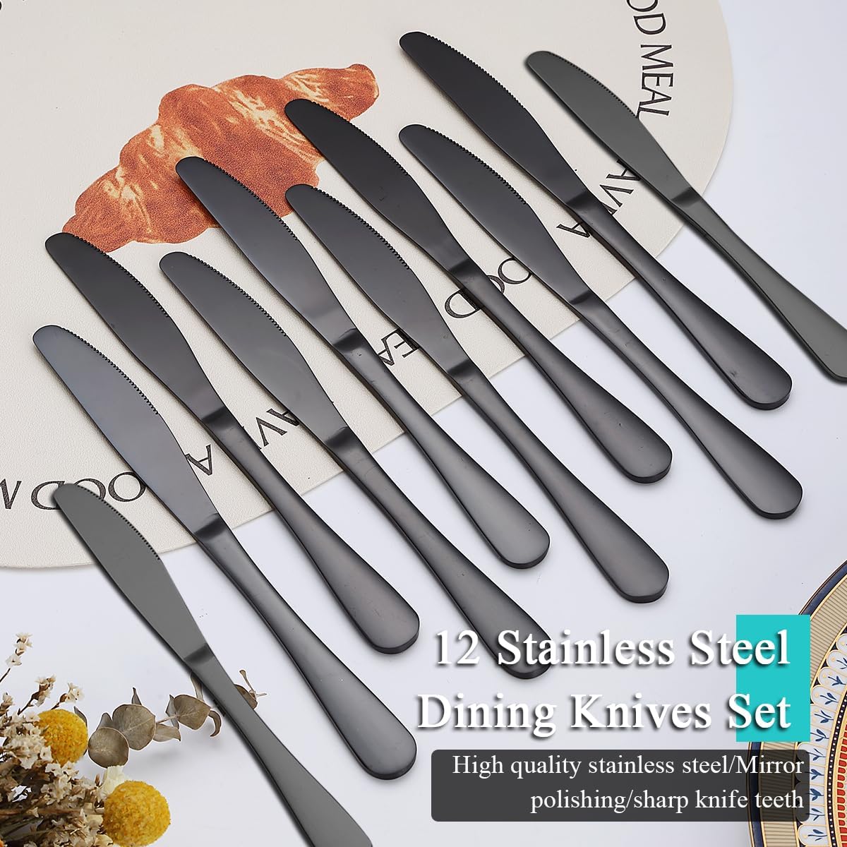 Evanda Black Dinner Knives 12 Pieces,Titanium Plating Black Stainless 