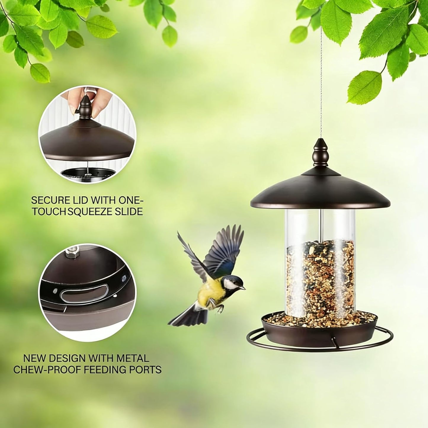 Metal Bird Feeder for Outdoors Hanging - Squirrel Proof & Chew Proof Wild Bird Feeders - Heavy Duty Vintage Lantern with Rain Guard for Cardinal, Blue Jay, Finch (Bronze)