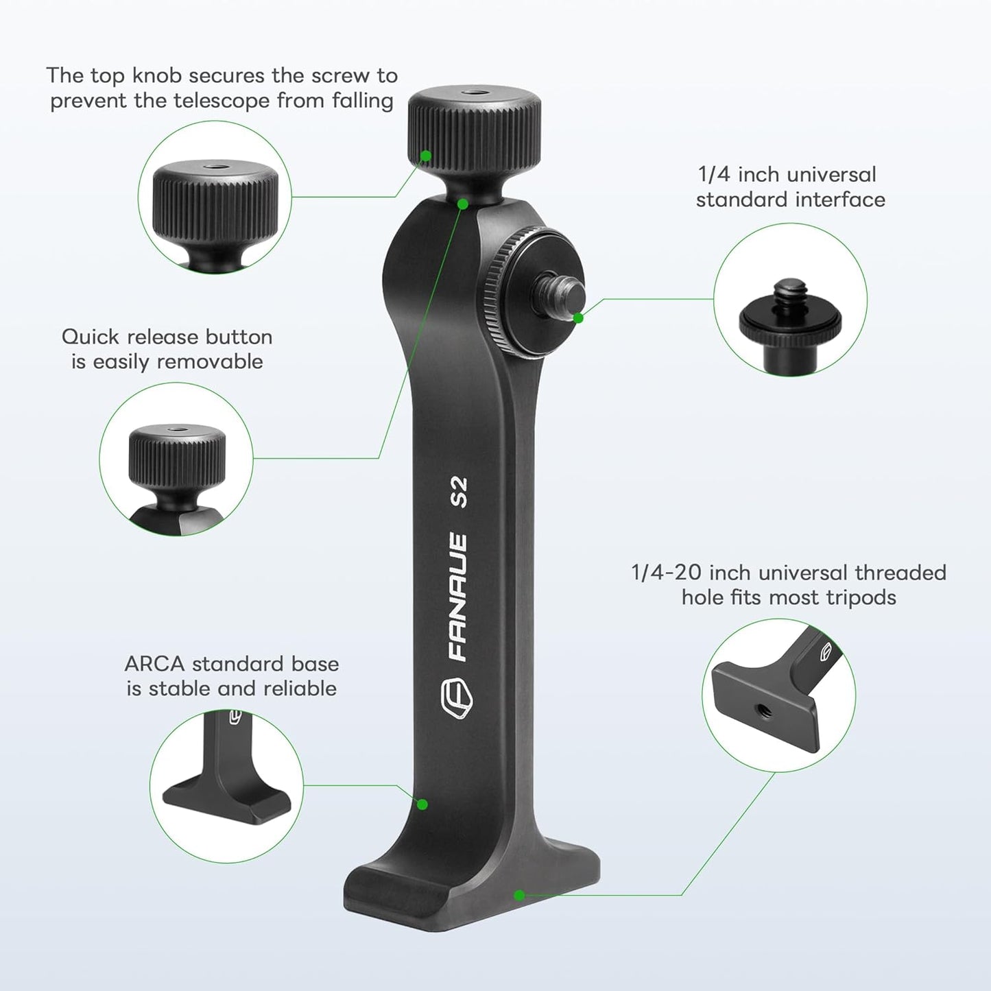 FANAUE S2-01 Binocular Tripod Adapter with 1/4-20" Thread Compatible with Porro Binoculars and Arca Ball Heads, Universal Quick Release for Bird Watching, Hunting, Astronomy, Animal Observation Ect.