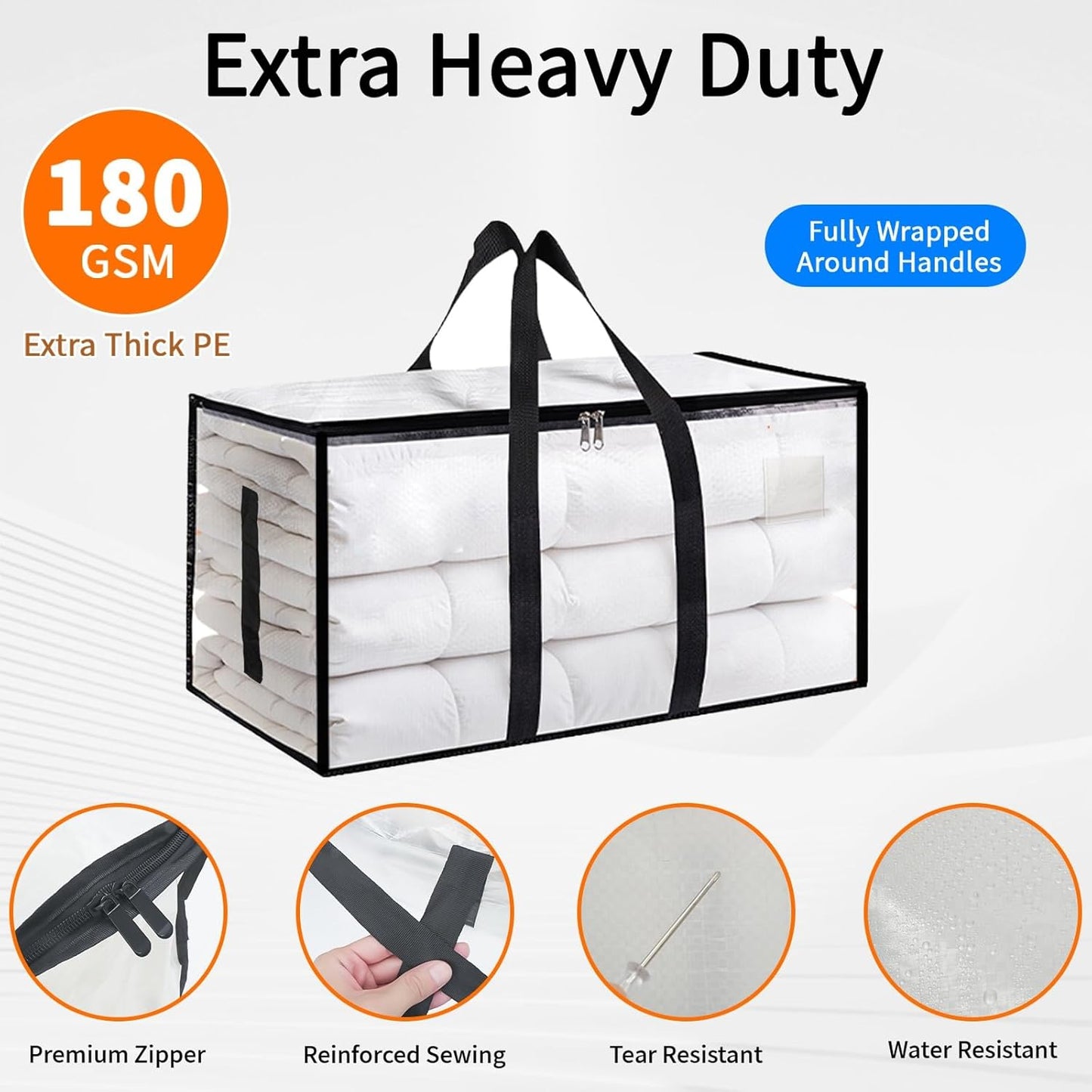 8 Pack-Extra Large Heavy Duty Moving Bags - Waterproof Storage Totes with Handles & Zippers, Foldable for College Dorm, Storage (Clear)
