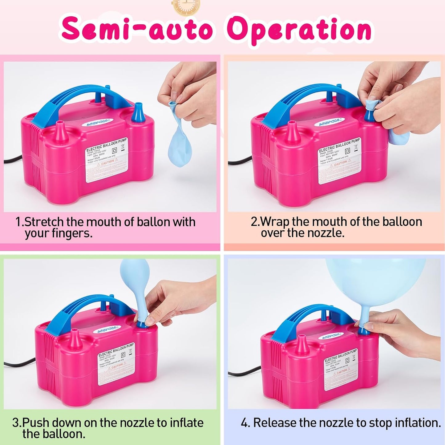 AGPTEK Electric Air Balloon Pump, 110V 600W Rose Red Portable Dual Nozzle Inflator/Blower for Party Decoration