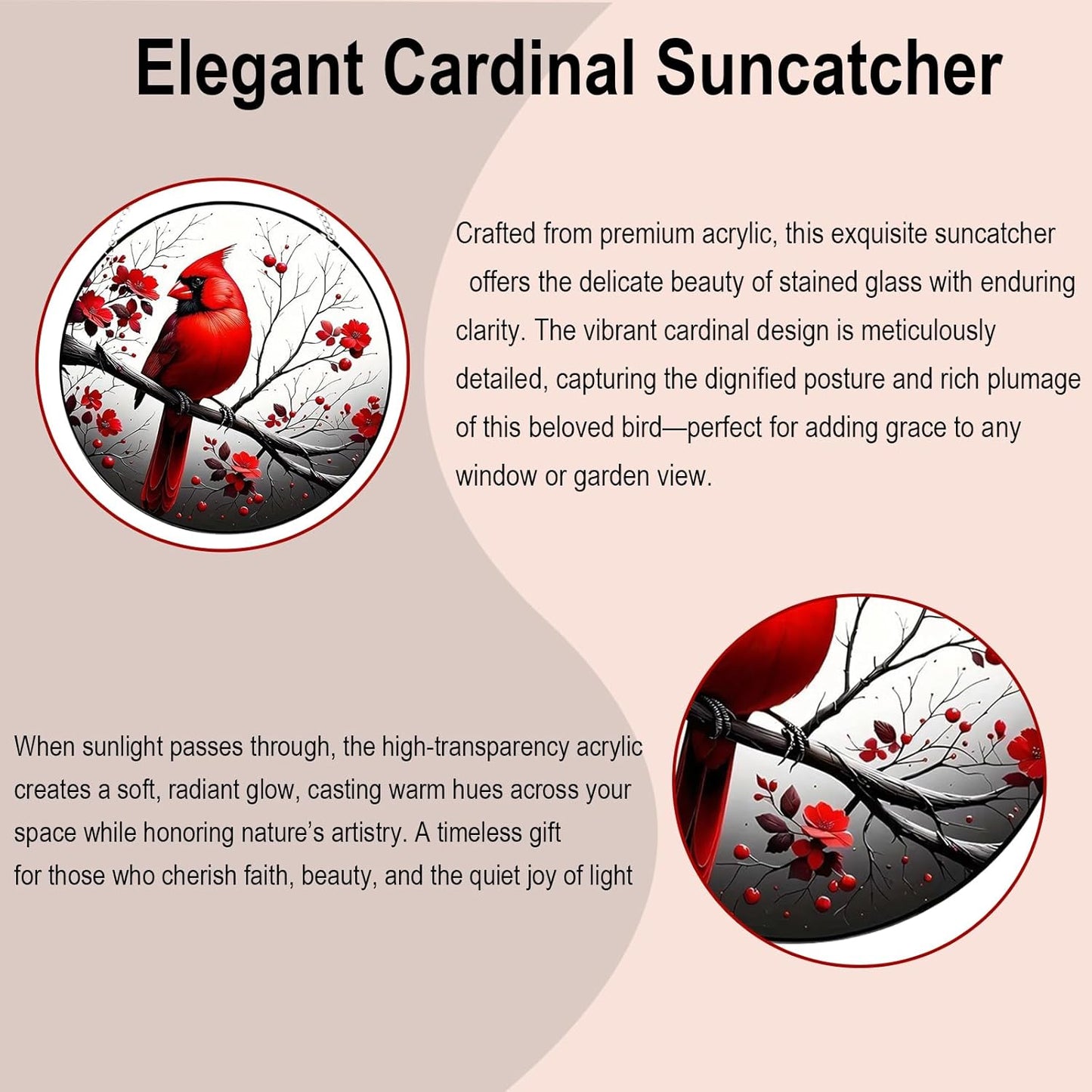 7.9'' Acrylic Stunning Northern Cardinal Window Suncatcher - Handmade Acrylic Window Decoration, Vibrant Colors, Perfect for Bird Lovers, Home Decor, and Gifts