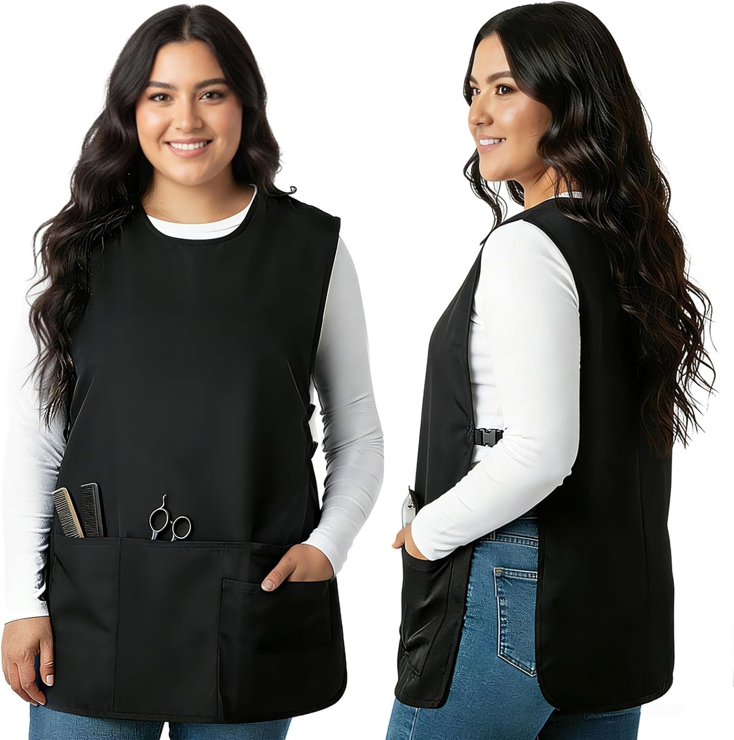 Cobbler Apron with Side Release Buckle for Women Men, Sleeveless Hairdresser Server Smock Jacket for Work Kitchen Garden Art, 4 Pockets Barber Aprons Vest Fast Drying Polyester for Cleaning Painting