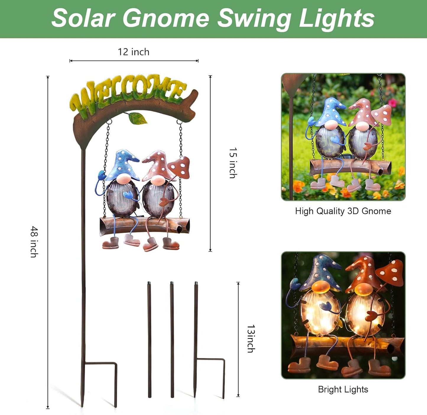 HONGLAND Gnomes Garden Decor Solar Lights, 48 Inch Welcome Sign Swing Yard Decorations Outdoor Decorative Stake for Lawn Porch Backyard Patio, Gnome Gardening Gifts for Women Mom