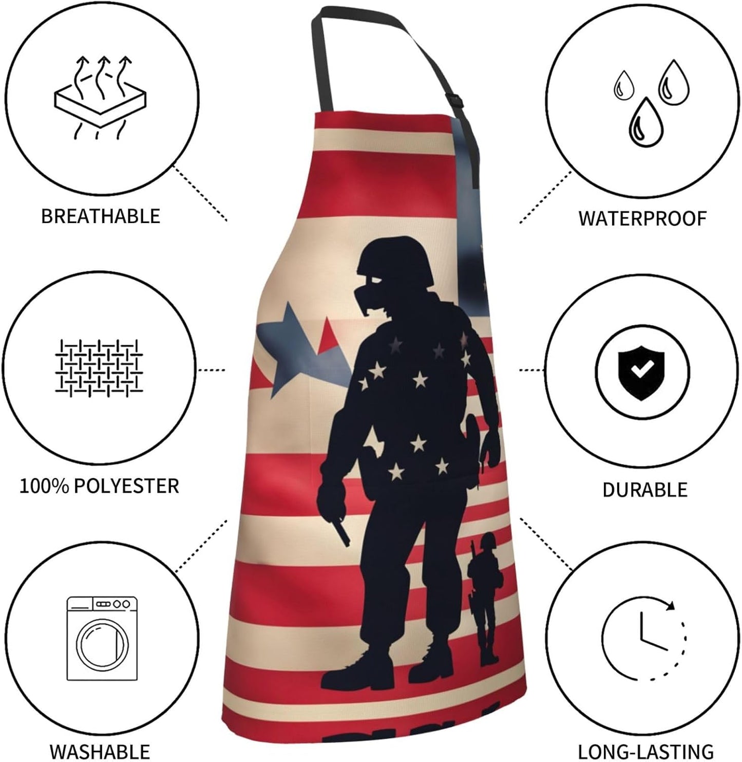 US Military Soldiers Patriotic Memorial Day Print Laundry apron 28x33 In Waterproof Kitchen Apron with Pockets for Cooking Baking