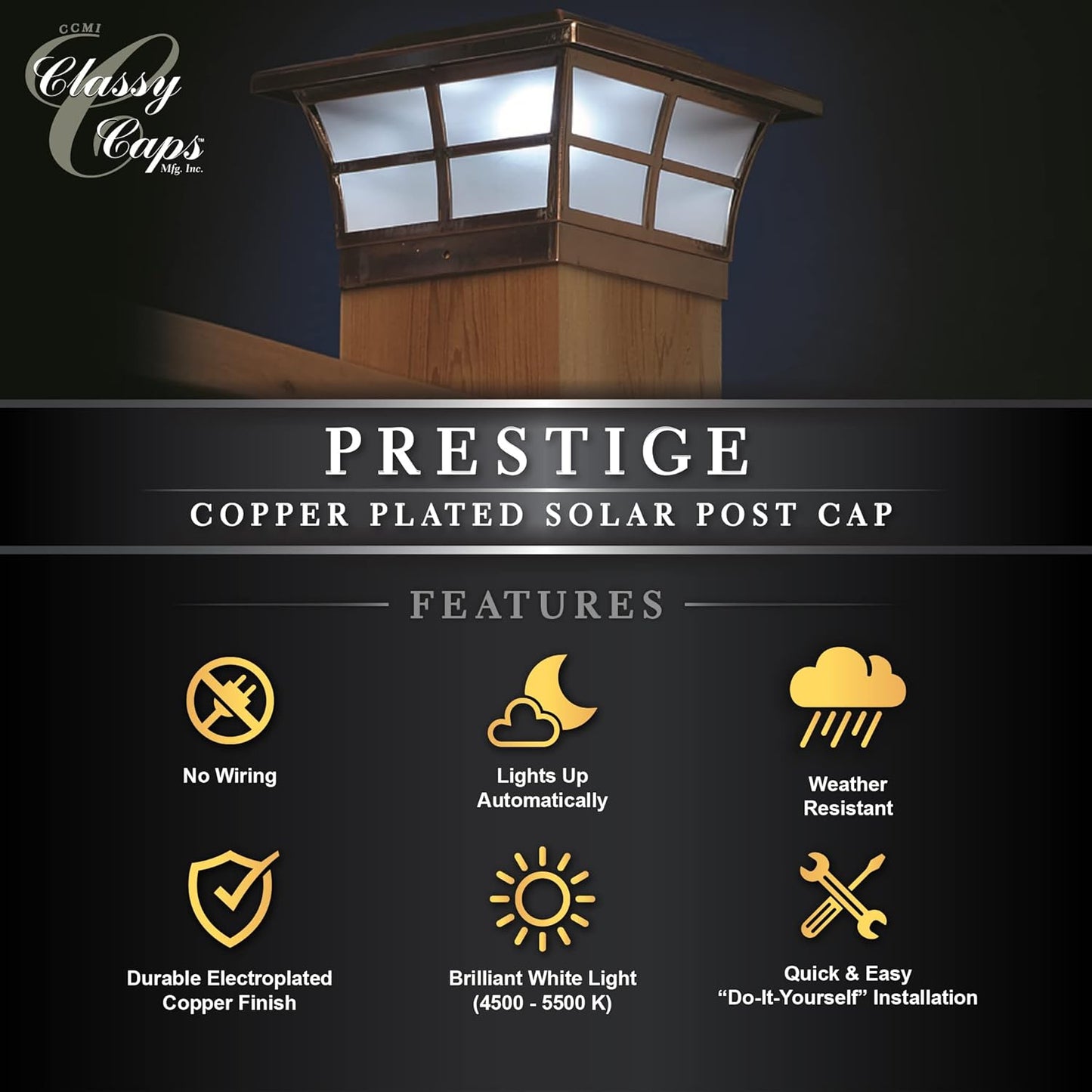 Classy Caps SL086 Plated Prestige Solar Post Cap, 6" x 6", Copper (1)