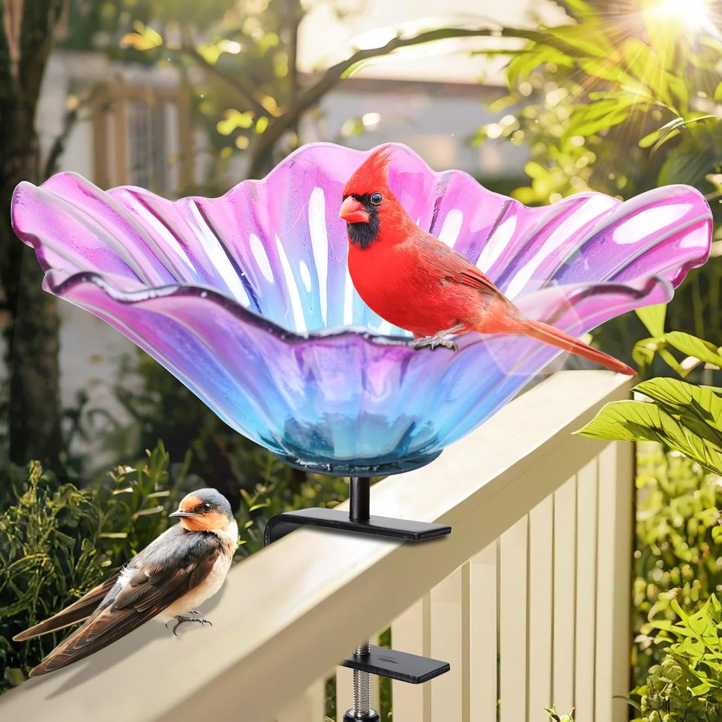 MUMTOP Deck Mounted Bird Baths for Outdoors, Glass Bird Baths Bowl wit