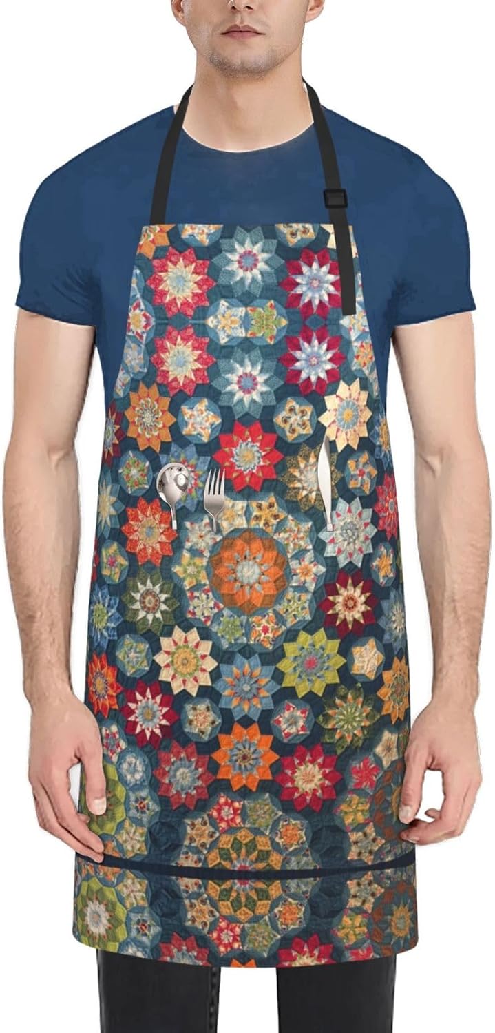 Bohemian Flower Print 28x33 In Adult Kitchen Apron with Pockets Versatile Chef Smock for Cooking Baking