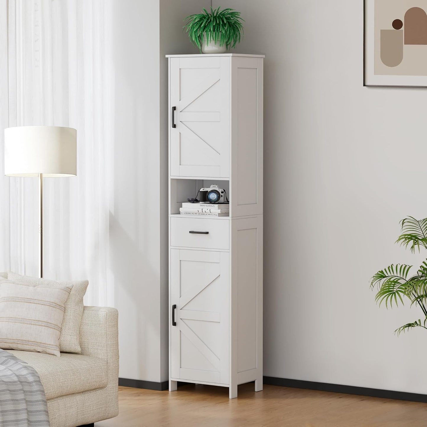 Homhedy 67" H Tall Bathroom Storage Cabinet with 2 Barn Doors and 1 Dr