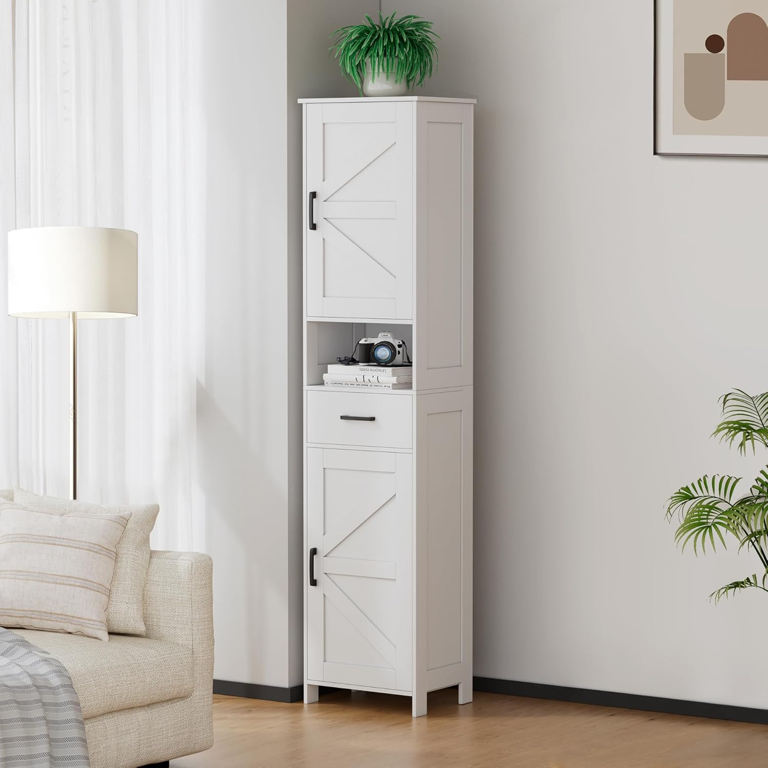 Homhedy 67" H Tall Bathroom Storage Cabinet with 2 Barn Doors and 1 Dr
