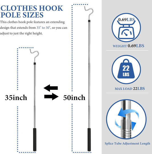Clothes Hook Pole, Clothes Hanger Reaching Hook for Hanging Clothes Light and Plants Extendable from 35" to 50" Made of Stainless Steel Tube with Sponge Handle (50inch)