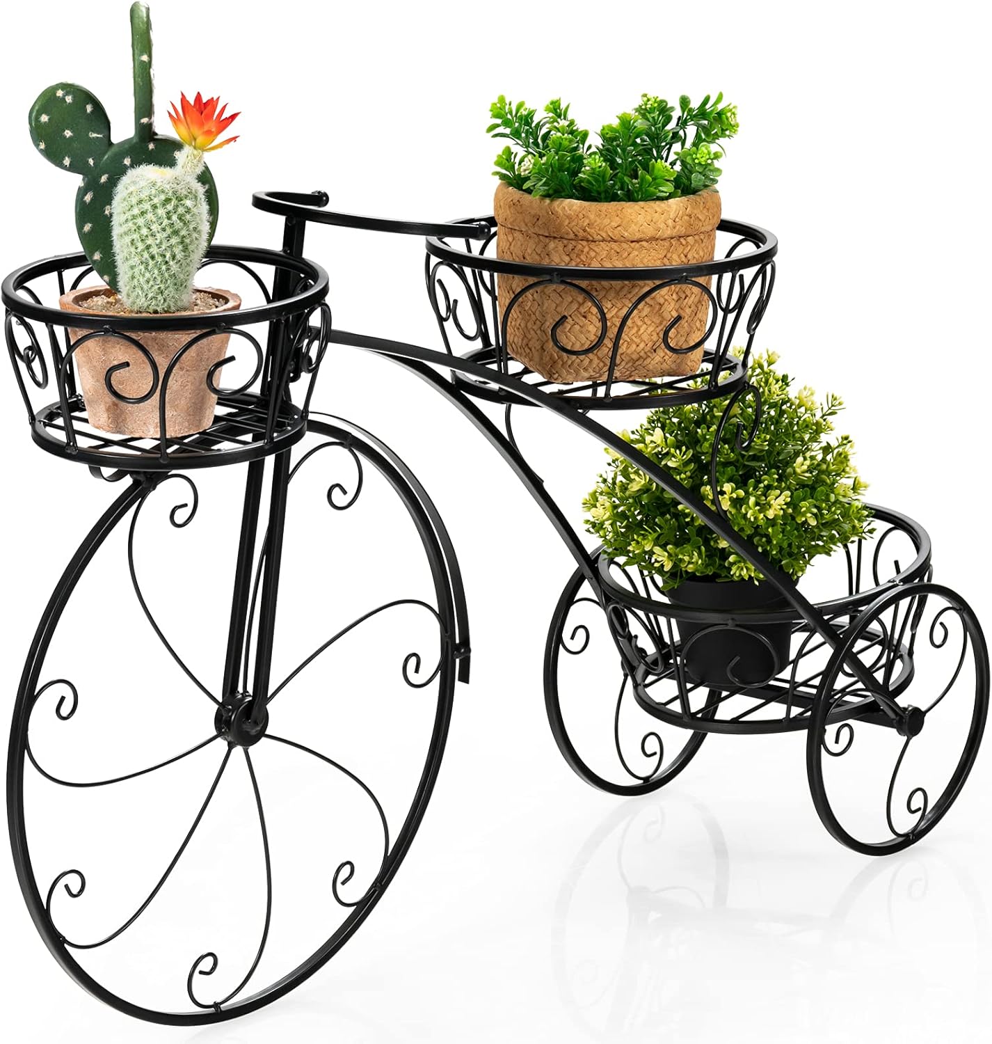 Bicycle Planter, Flower Pot Stand with 3 Decorative Wheels, 3 Collection Baskets, Metal Steel Frame, Tricycle Plant Stand for Outdoor, Indoor, Home, Balcony, Patio, Garden, Backyard