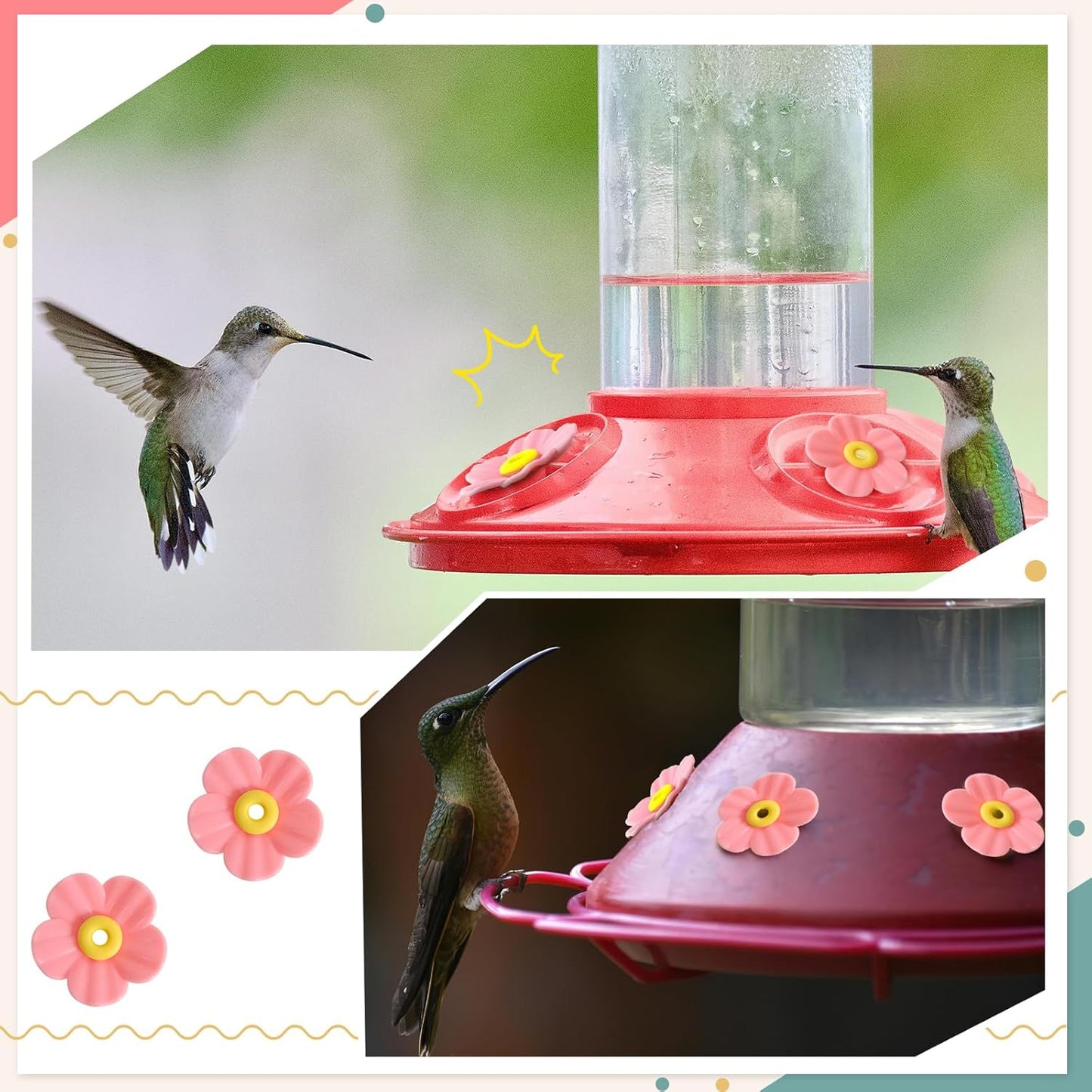 30 Pieces Hummingbird Feeders Replacement Flowers and 2 Cleaning Brushes, Feeding Ports Replacement Bird Feeder Replacement Parts for Hanging Feeding Hummingbird Outdoors(Pink)