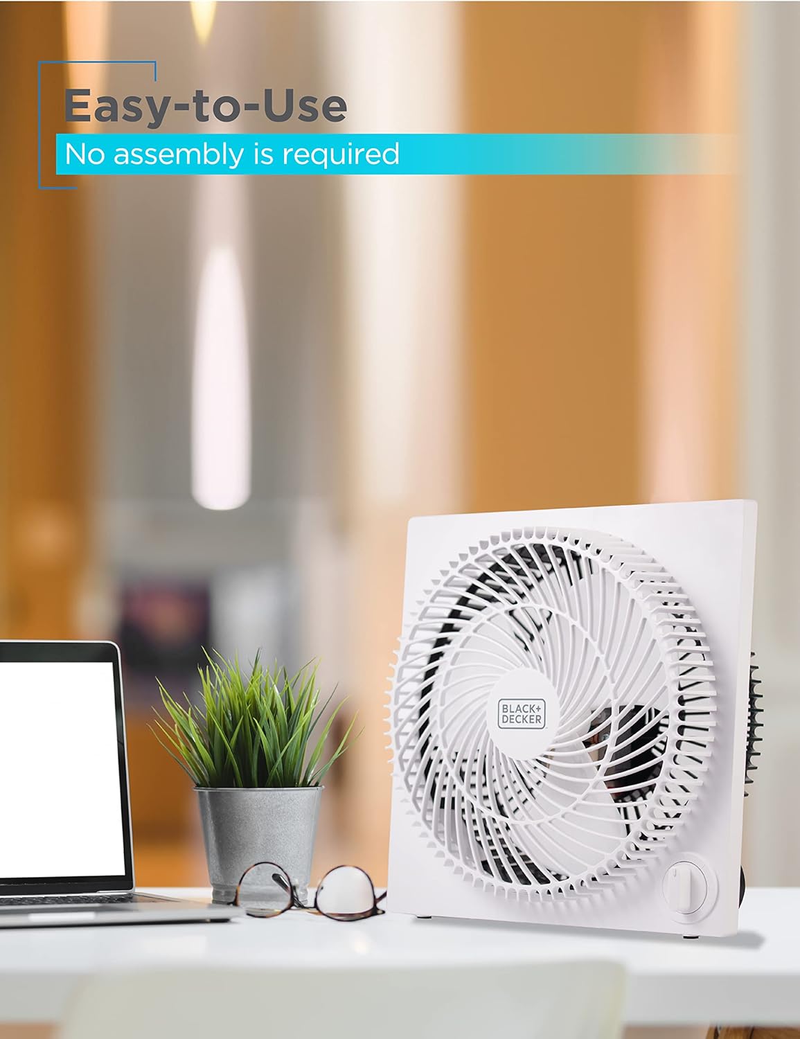 BLACK+DECKER 9-Inch Frameless Box Fan, Freestanding Desk Fan with 3-Speed Settings, Portable Fan for Home Office or Garage, BFB09W, White