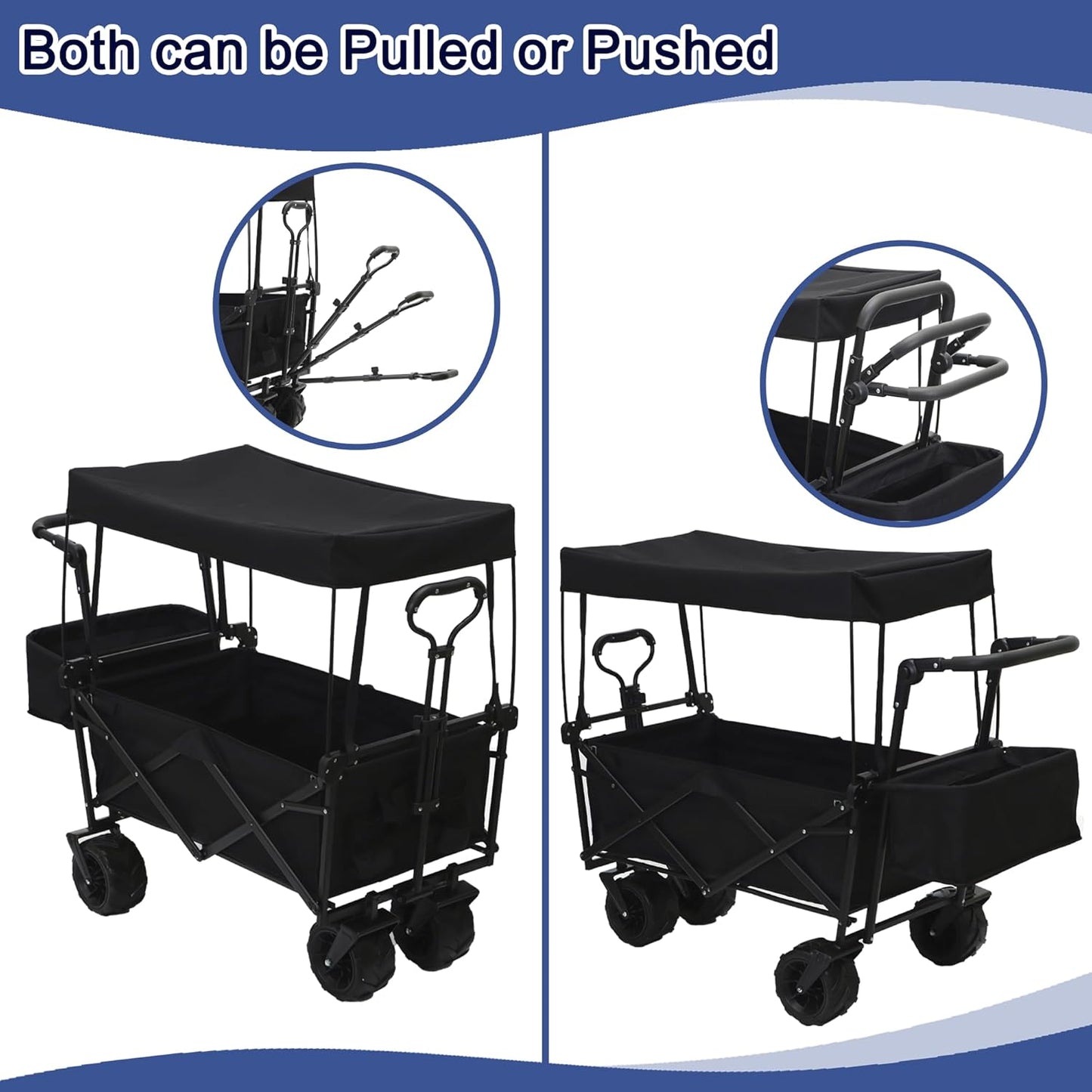 Collapsible Wagon Cart with Canopy, Heavy Duty Folding Tools Utility Cart with Wheels for Outdoor Camping, Black