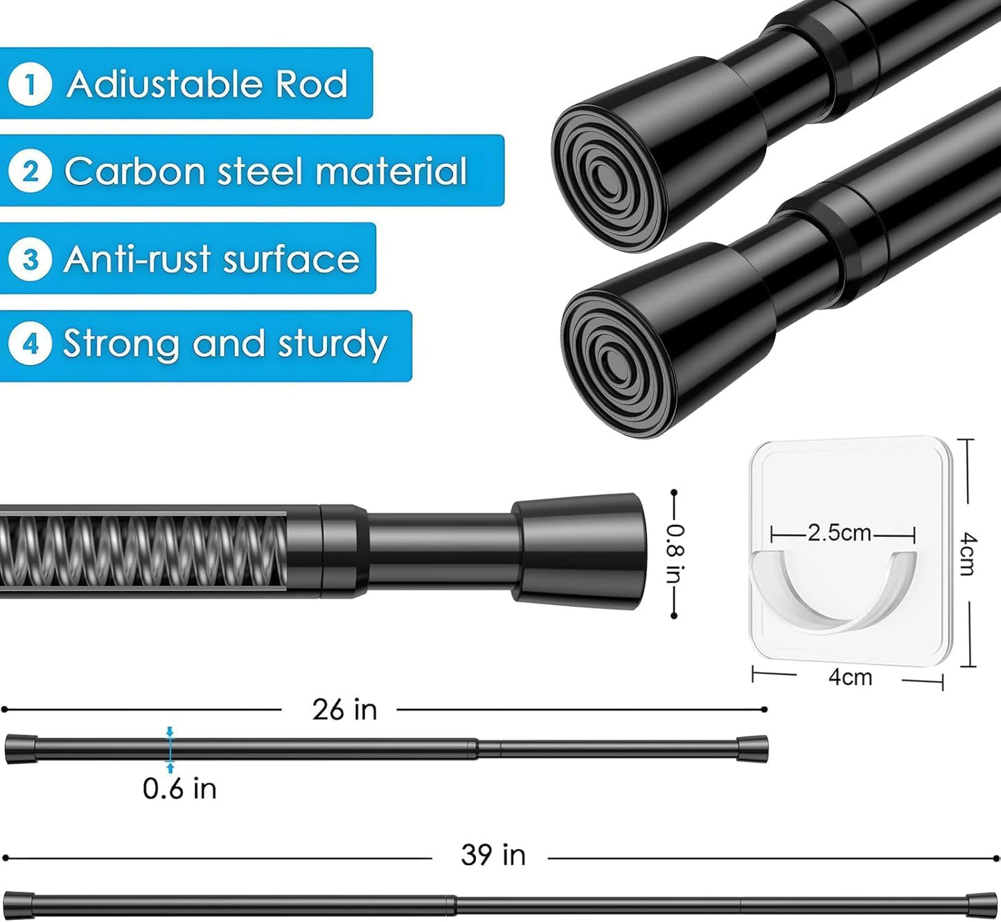 1Pack Spring Tension Curtain Rod 26-39 inch Black Adjustable Spring Ro