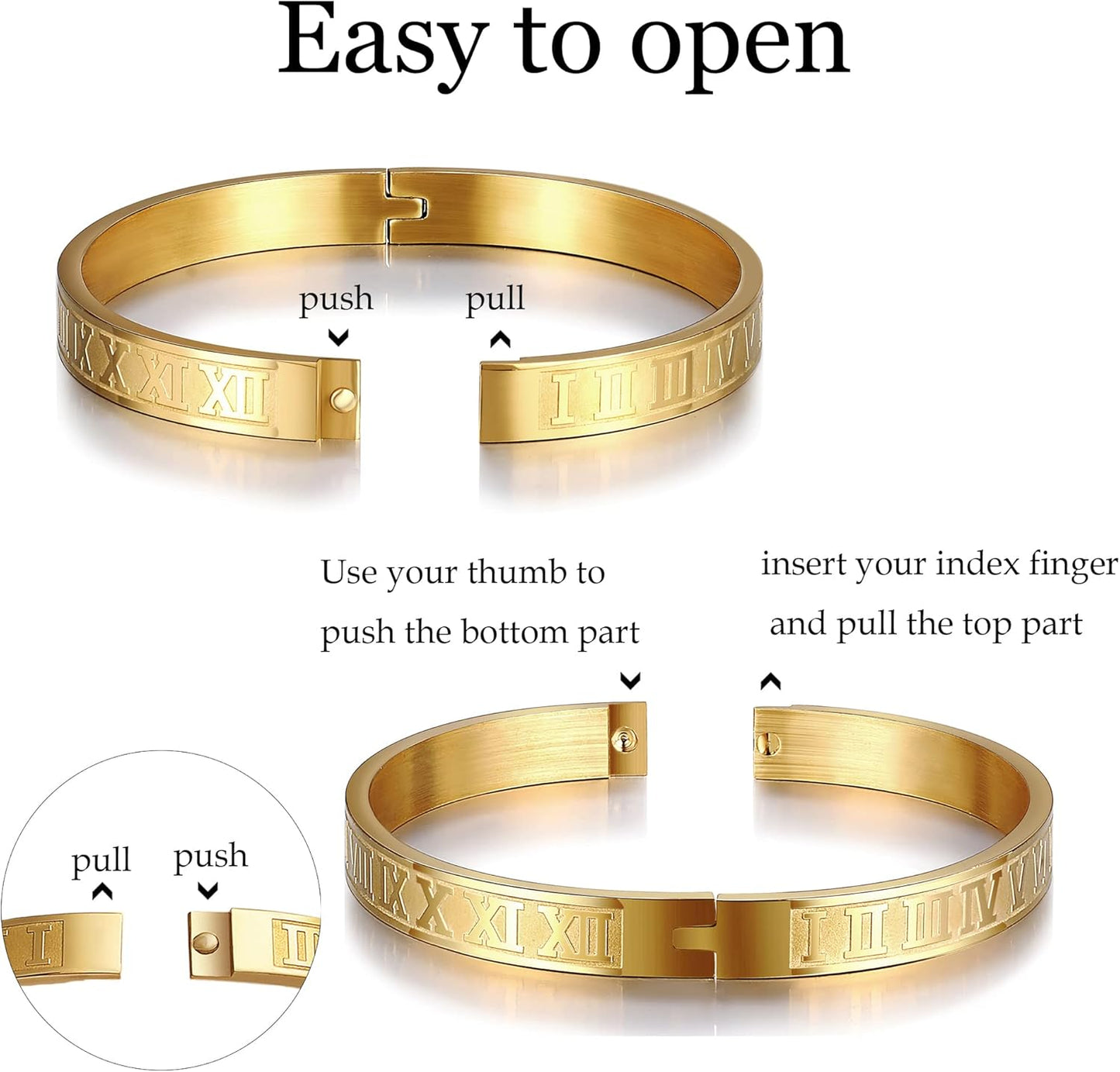 WFYOU 3PCS Stainless Steel Bracelets for Men Gold Roman Numeral Bangle