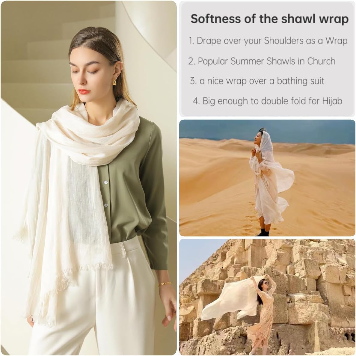 Harewom Lightweight Gauze Linen Feeling Shawl Wraps for Women Beach Su