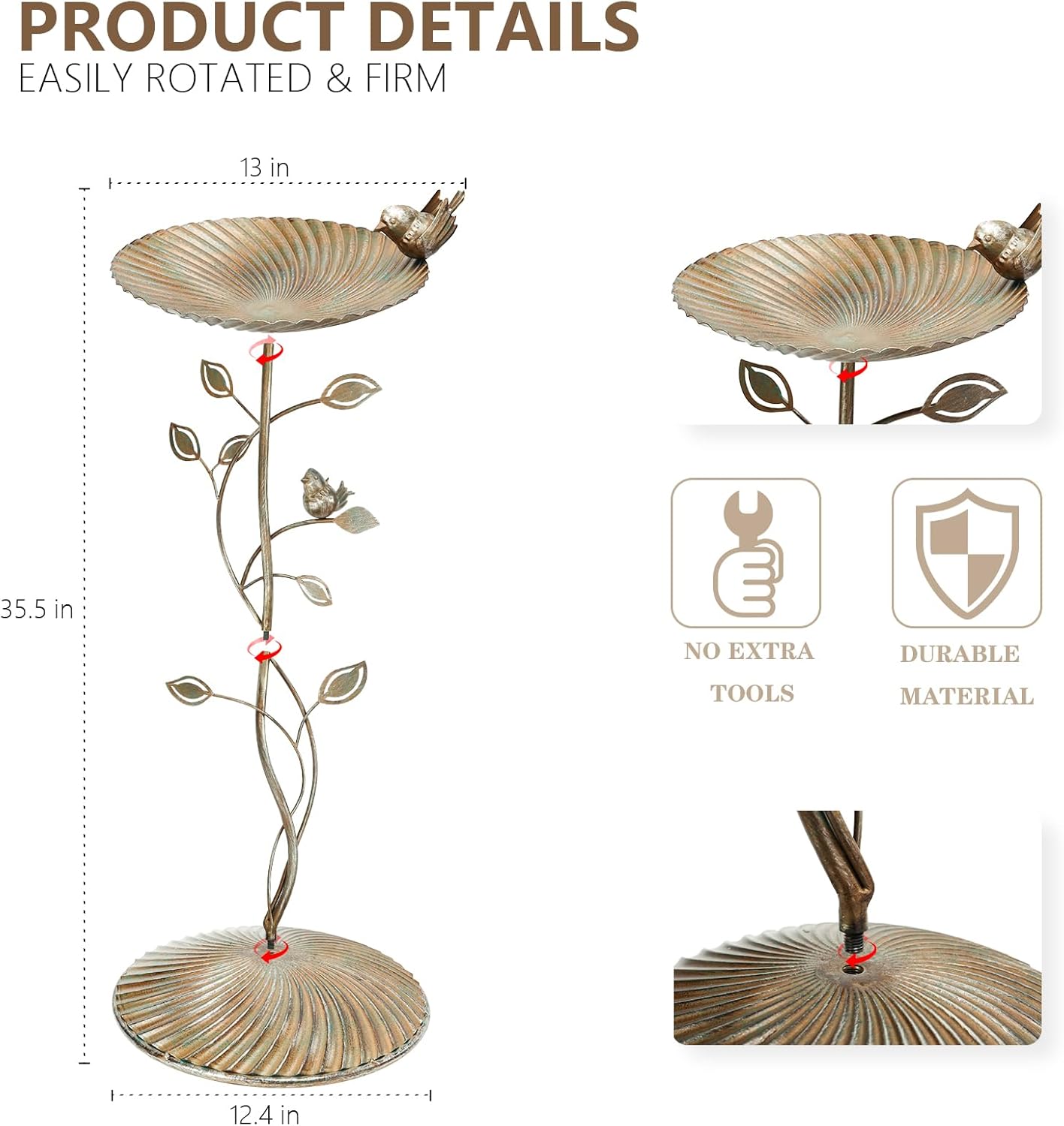 MUMTOP Bird Baths for Outdoors-Metal Bird Bath Bowl - Golden Birdbaths Stand with Leaf and Bird Decor, Bird Feeders for Outside, Garden, Patio, Lawn, Outdoor Decor