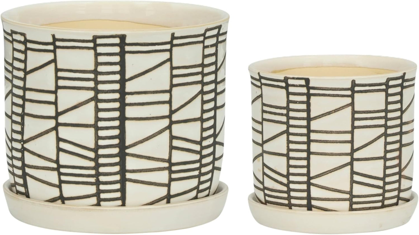 Set of 2 Geometric Decorative Ceramic Planter Pots with Saucer – Stone