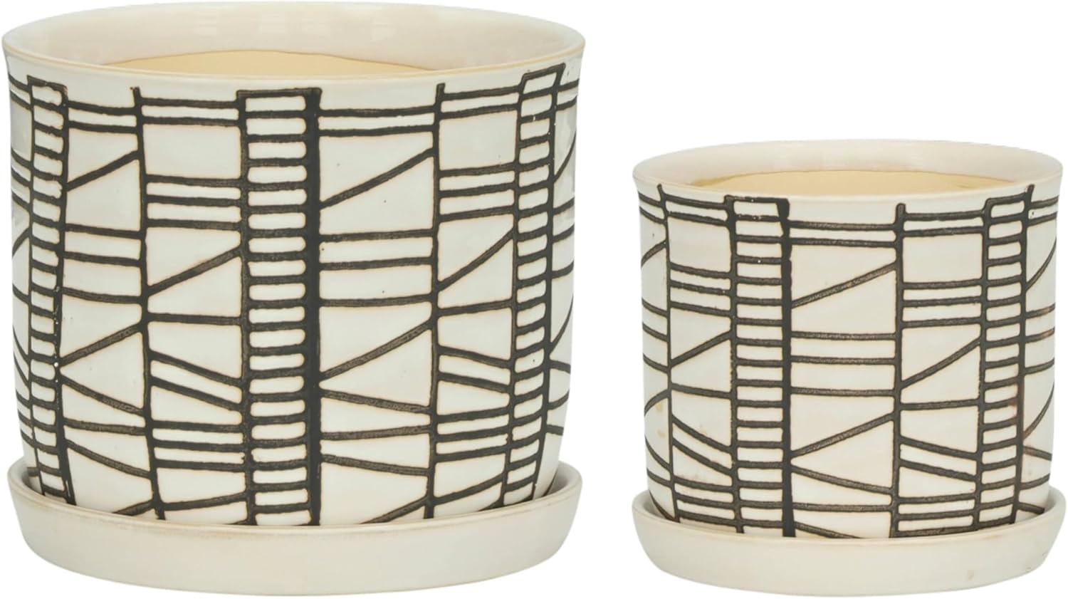 Set of 2 Geometric Decorative Ceramic Planter Pots with Saucer – Stone