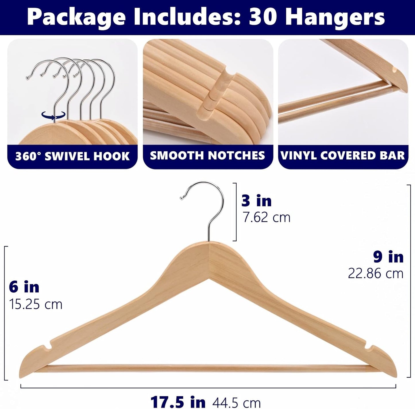 Amber Home 30 Pack Wooden Coat Hangers, Natural Wood Suit Hangers with