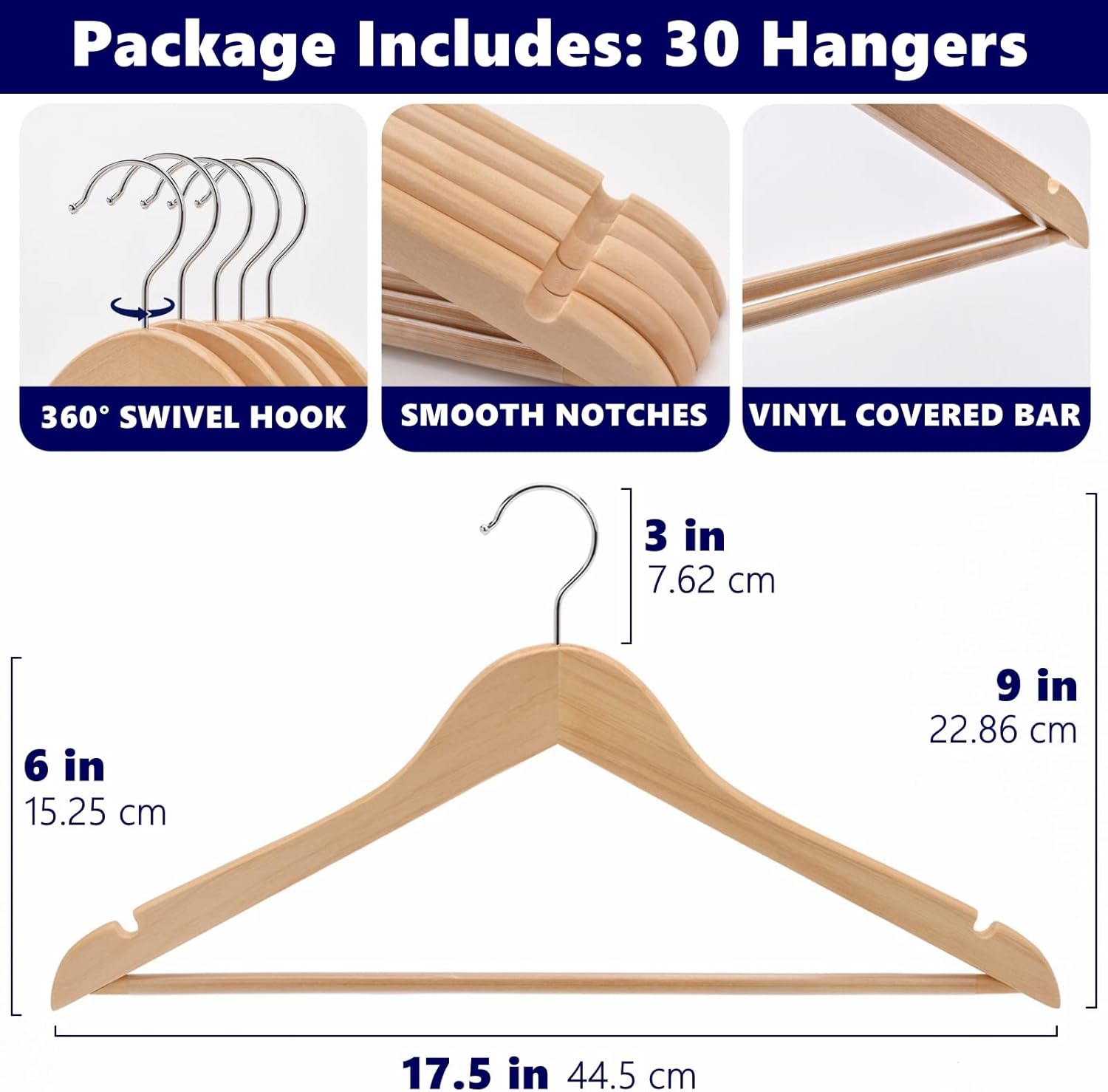 Amber Home 30 Pack Wooden Coat Hangers, Natural Wood Suit Hangers with