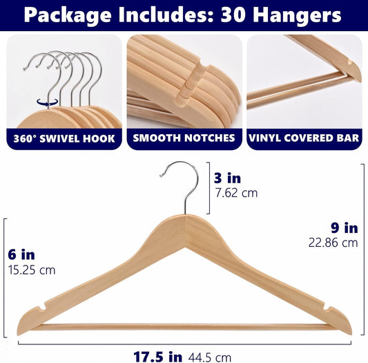 Amber Home 30 Pack Wooden Coat Hangers, Natural Wood Suit Hangers with