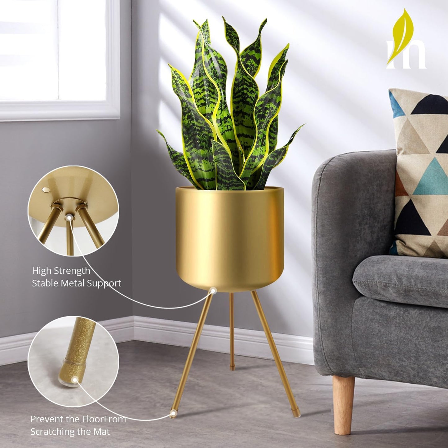 Mid-Century Metal Flowerpot with Stands, Gold Stylish Modern Floor-Standing Flowerpot,Suitable for Orchid, Aloe Indoor Outdoor Decoration 8.5'' Wide 18'' high